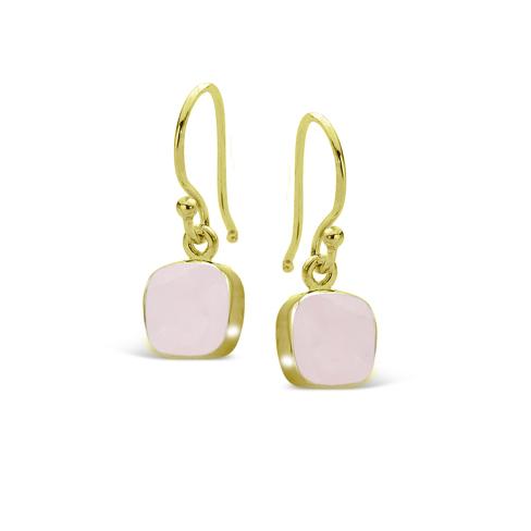 STONES & SILVER YELLOW GOLD SQUARE DROPS - ROSE QUARTZ