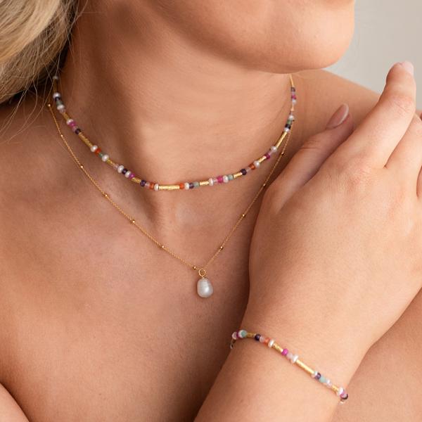 STONES & SILVER YELLOW GOLD MULTI STONE NECKLACE - PINK