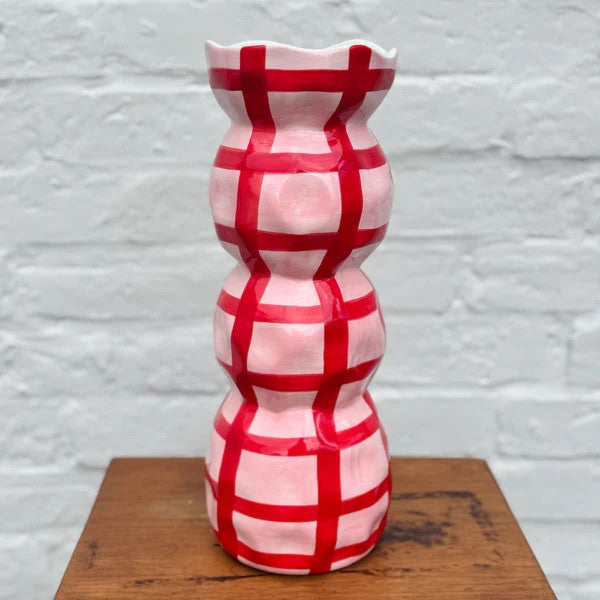 NOSS & CO 3 TIER VASE - PINK & RED GINGHAM