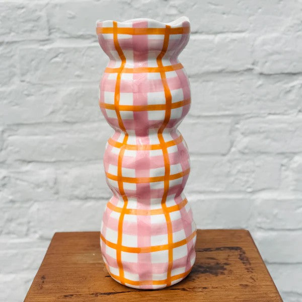 NOSS & CO 3 TIER VASE - PINK & ORANGE GINGHAM