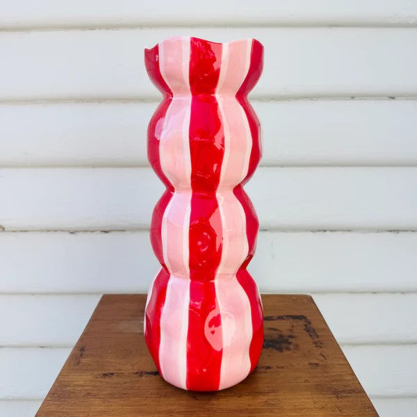 NOSS & CO 3 TIER VASE - RED & PINK STRIPE