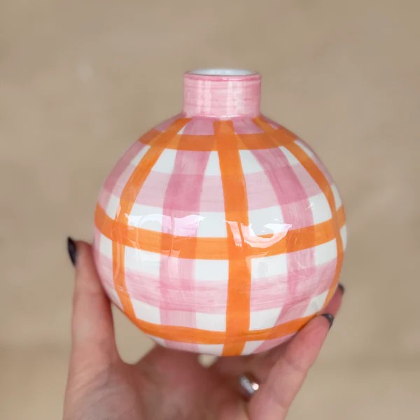 NOSS & CO ROUND BUD VASE - PINK & ORANGE GINGHAM