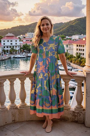 ADRIFT SABRE V-NECK DRESS IN MONTEGO BAY [SZ:L]