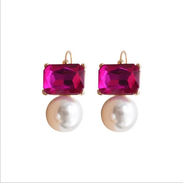 GREENWOOD DESIGNS MAGGIE BRIGHT PINK RECTANGULAR CRYSTAL WITH PEARL EARRINGS