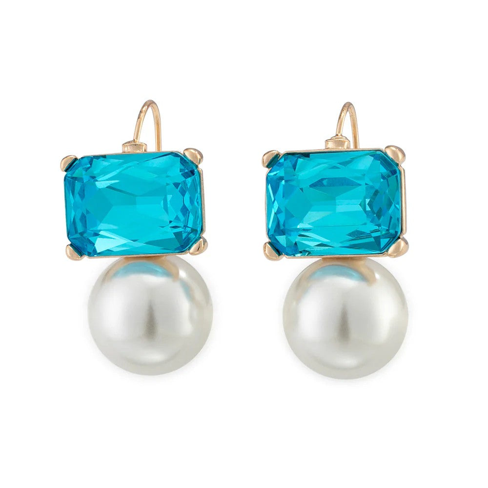 GREENWOOD DESIGNS MAGGIE AQUA RECTANGULAR CRYSTAL WITH PEARL EARRINGS
