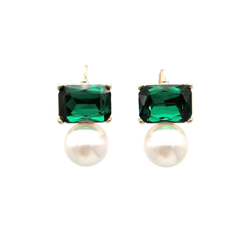 GREENWOOD DESIGNS MAGGIE GREEN RECTANGULAR CRYSTAL WITH PEARL EARRINGS