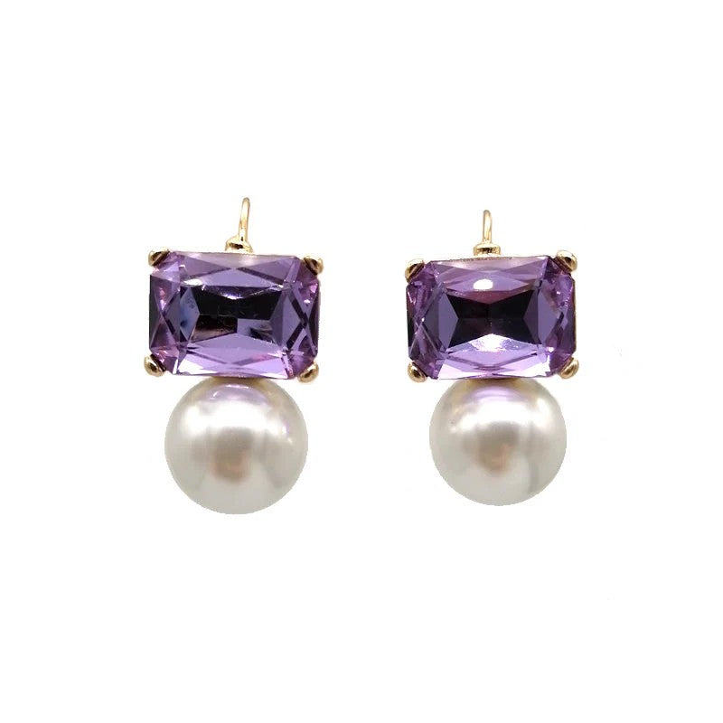 GREENWOOD DESIGNS MAGGIE VIOLET RECTANGULAR CRYSTAL WITH PEARL EARRINGS