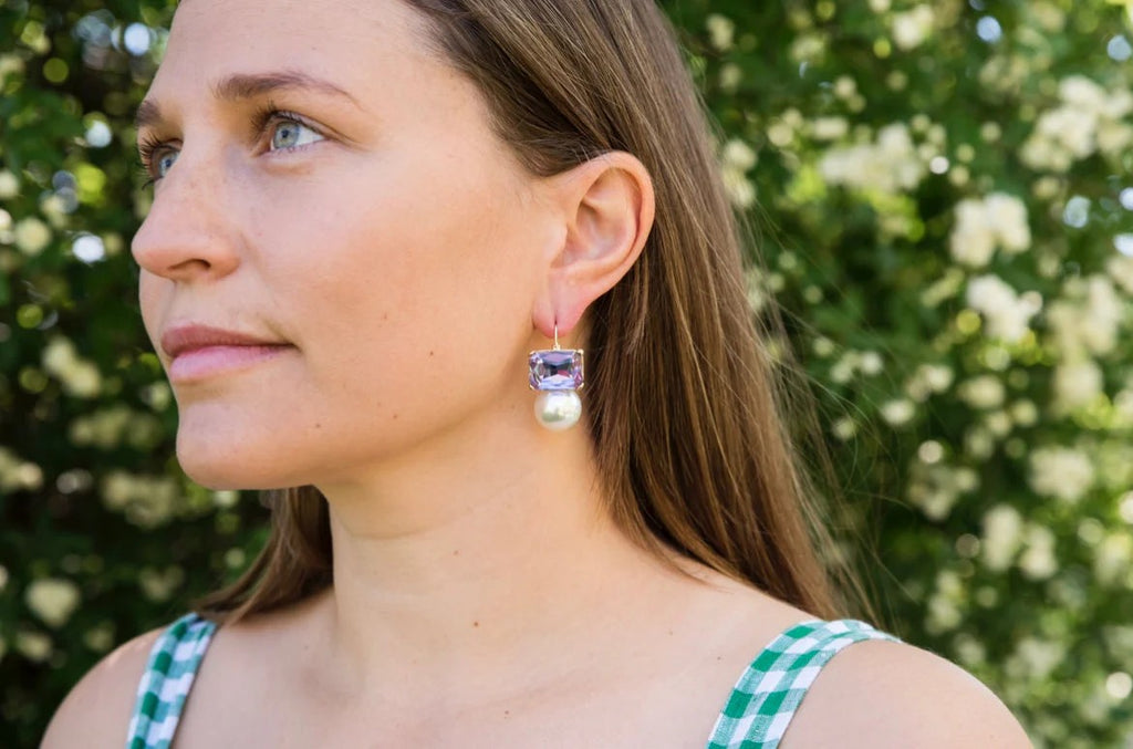 GREENWOOD DESIGNS MAGGIE VIOLET RECTANGULAR CRYSTAL WITH PEARL EARRINGS