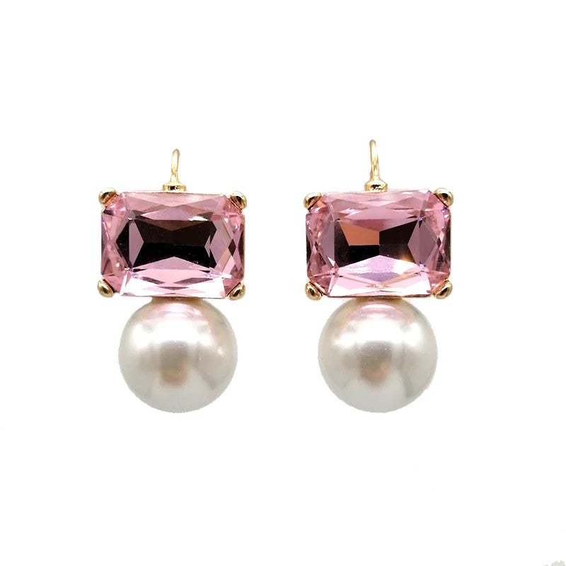 GREENWOOD DESIGNS MAGGIE LIGHT PINK RECTANGULAR CRYSTAL WITH PEARL EARRINGS