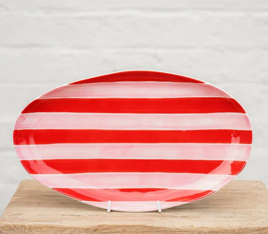 NOSS & CO SMALL OVAL PLATTER - PINK & RED STRIPE