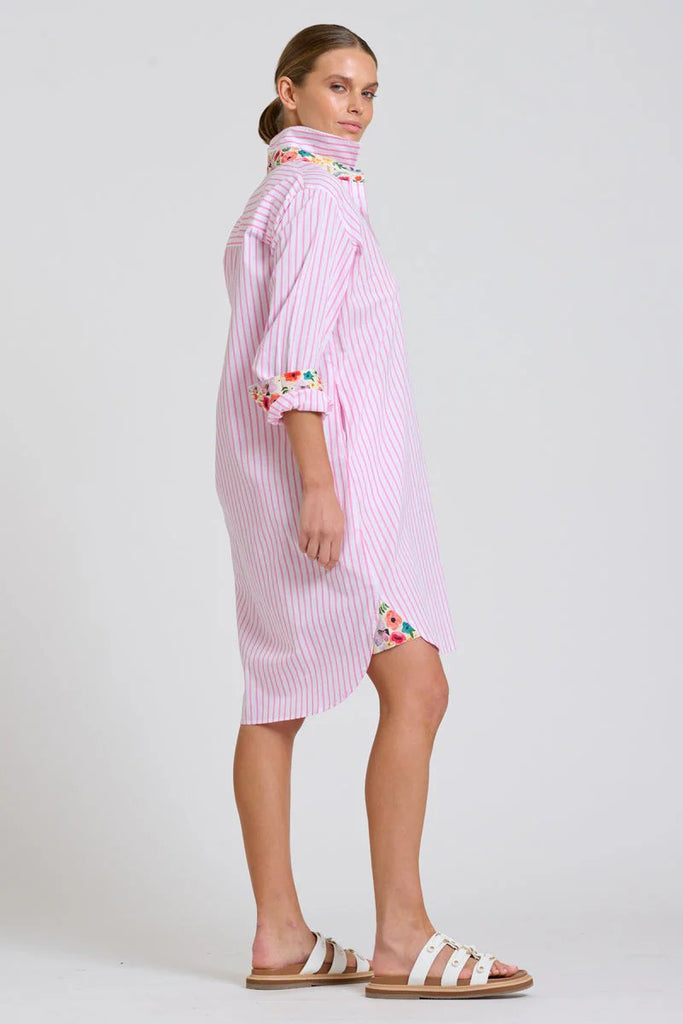 SHIRTY THE POPOVER SHIRTDRESS - WHITE WITH PINK STRIPE FLORAL TRIM [SZ:L]
