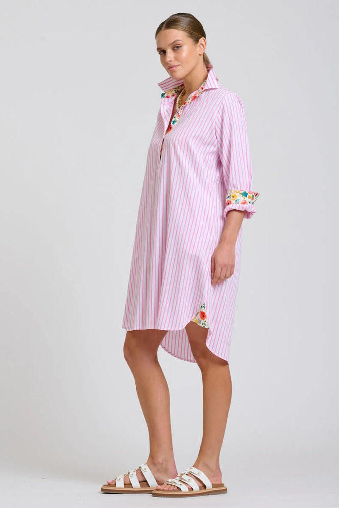 SHIRTY THE POPOVER SHIRTDRESS - WHITE WITH PINK STRIPE FLORAL TRIM [SZ:L]
