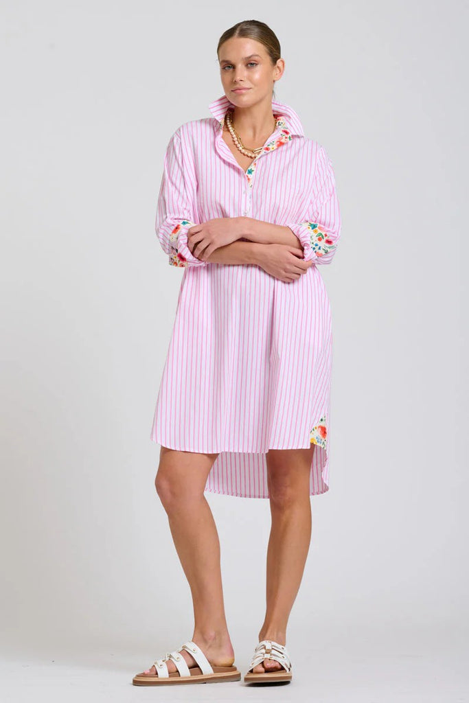 SHIRTY THE POPOVER SHIRTDRESS - WHITE WITH PINK STRIPE FLORAL TRIM [SZ:L]