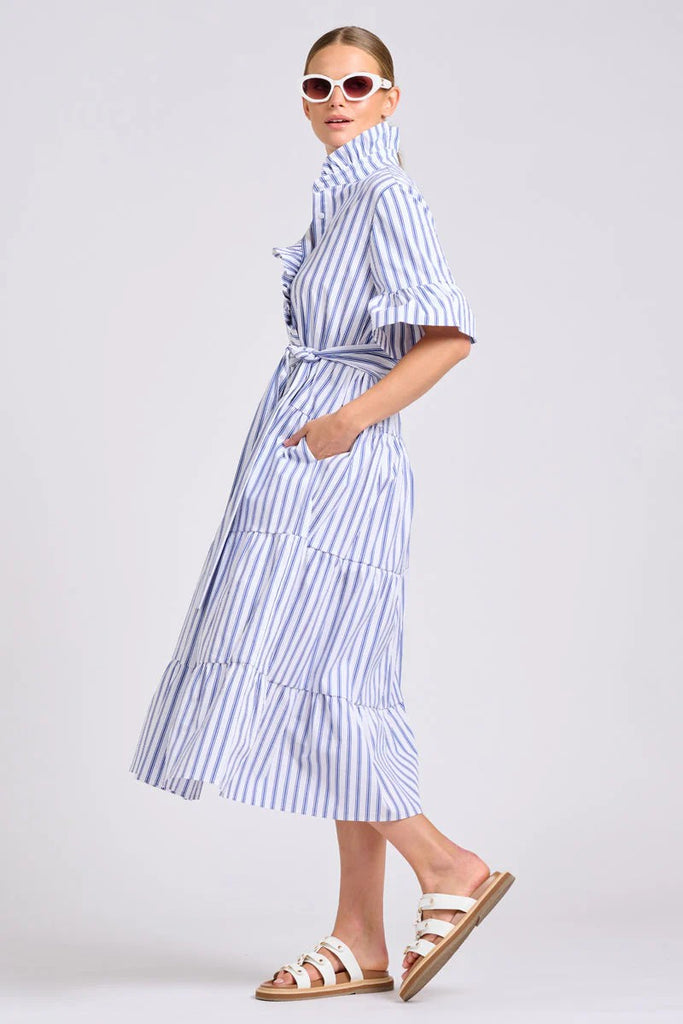 SHIRTY THE MOLLY OVERSIZED SHIRTDRESS - WHITE WITH AZURE TICKING [SZ:L]