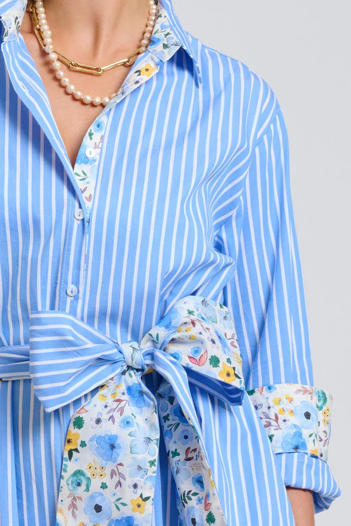 SHIRTY THE LUNA OVERSIZED LONG LINE SHIRT DRESS - BLUE STRIPE FLORAL TRIM [SZ:L/XL]