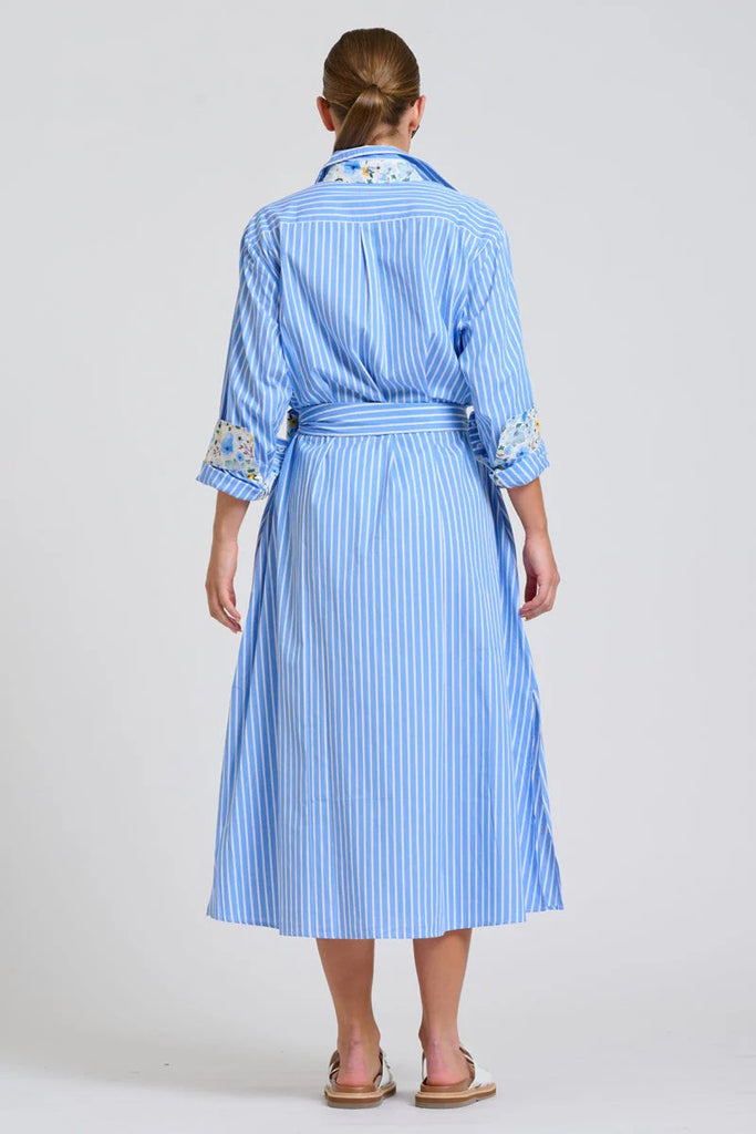 SHIRTY THE LUNA OVERSIZED LONG LINE SHIRT DRESS - BLUE STRIPE FLORAL TRIM [SZ:L/XL]