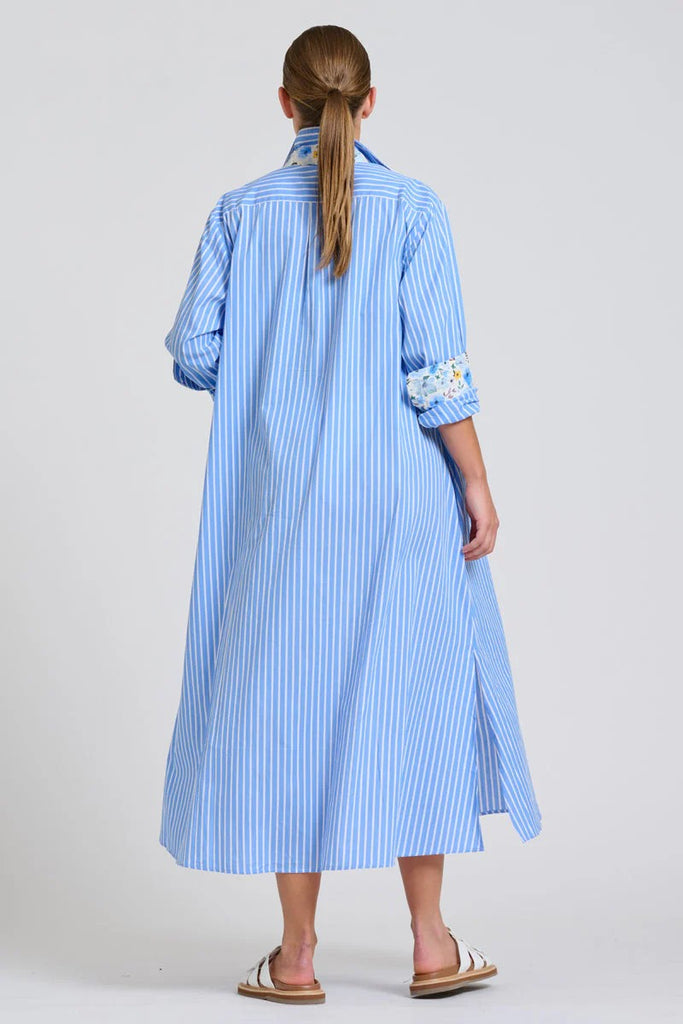 SHIRTY THE LUNA OVERSIZED LONG LINE SHIRT DRESS - BLUE STRIPE FLORAL TRIM [SZ:L/XL]