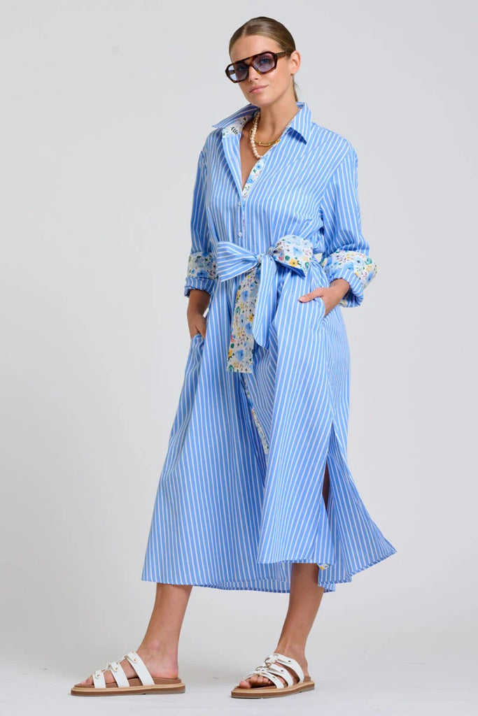 SHIRTY THE LUNA OVERSIZED LONG LINE SHIRT DRESS - BLUE STRIPE FLORAL TRIM [SZ:L/XL]