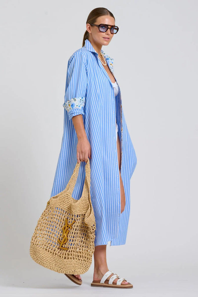 SHIRTY THE LUNA OVERSIZED LONG LINE SHIRT DRESS - BLUE STRIPE FLORAL TRIM [SZ:L/XL]