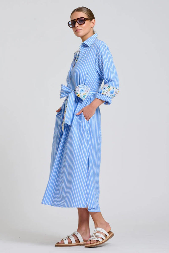 SHIRTY THE LUNA OVERSIZED LONG LINE SHIRT DRESS - BLUE STRIPE FLORAL TRIM [SZ:L/XL]