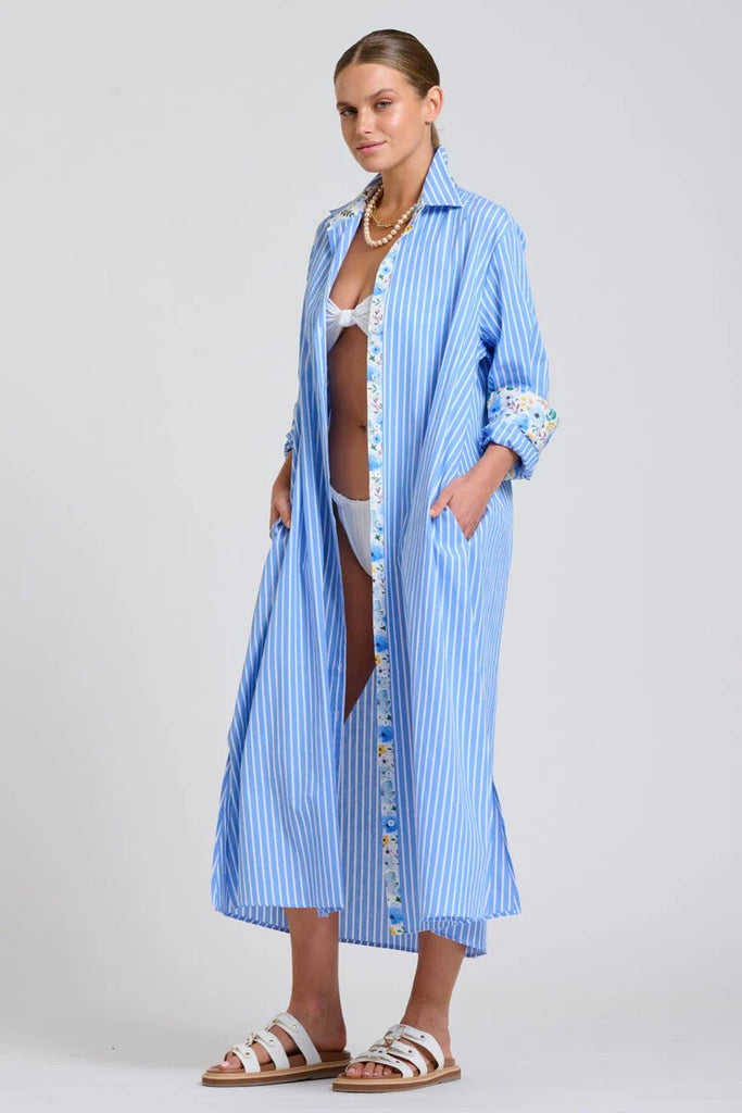 SHIRTY THE LUNA OVERSIZED LONG LINE SHIRT DRESS - BLUE STRIPE FLORAL TRIM [SZ:L/XL]