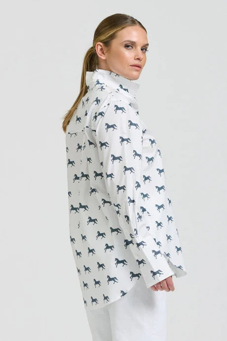 SHIRTY THE ELODIE GIRLFRIEND RELAXED SHIRT - WHITE WITH NAVY PONY PRANCE [SZ:L]