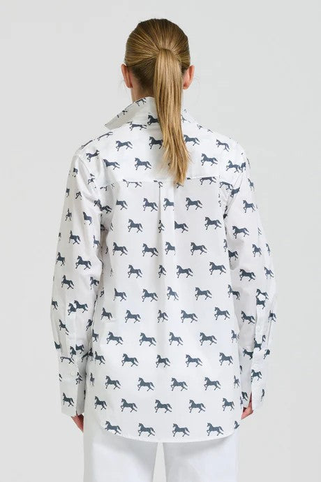 SHIRTY THE ELODIE GIRLFRIEND RELAXED SHIRT - WHITE WITH NAVY PONY PRANCE [SZ:L]