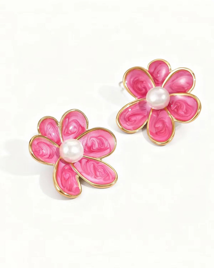 GREENWOOD DESIGNS BRONTE DARK PINK ENAMEL FLOWER STUD EARRINGS