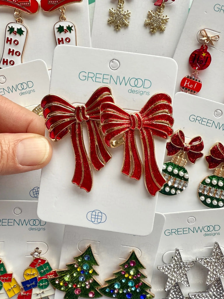GREENWOOD DESIGNS BOW CHRISTMAS EARRINGS IN RED & GOLD