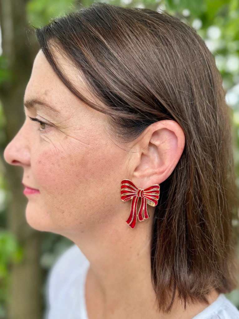 GREENWOOD DESIGNS BOW CHRISTMAS EARRINGS IN RED & GOLD