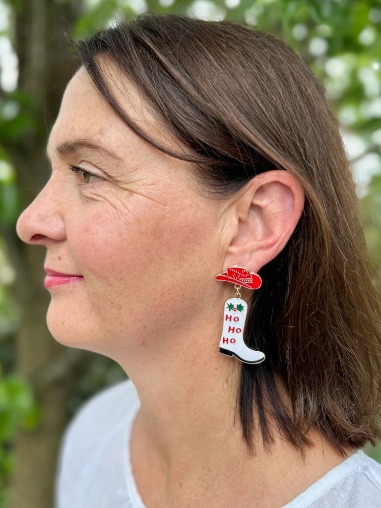 GREENWOOD DESIGNS BOOTS CHRISTMAS EARRINGS IN RED, WHITE & GOLD