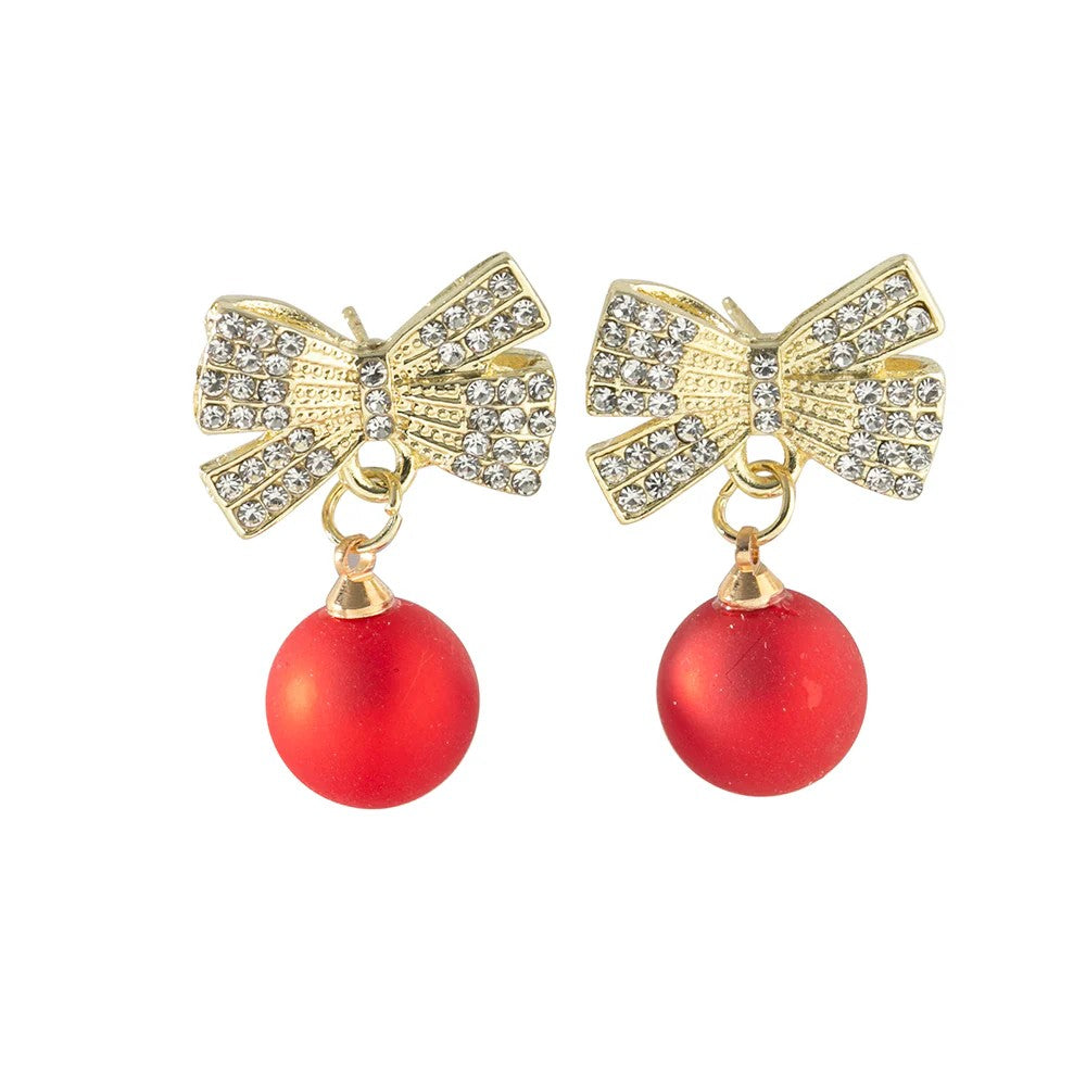GREENWOOD DESIGNS BAUBLE & BOW CHRISTMAS EARRINGS IN RED & GOLD