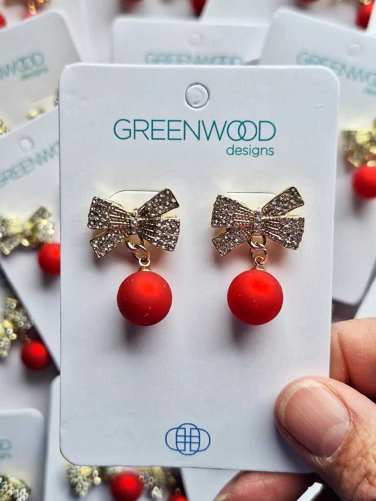 GREENWOOD DESIGNS BAUBLE & BOW CHRISTMAS EARRINGS IN RED & GOLD