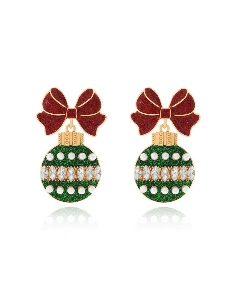 GREENWOOD DESIGNS BAUBLE & BOW CHRISTMAS EARRINGS IN RED, GREEN & GOLD