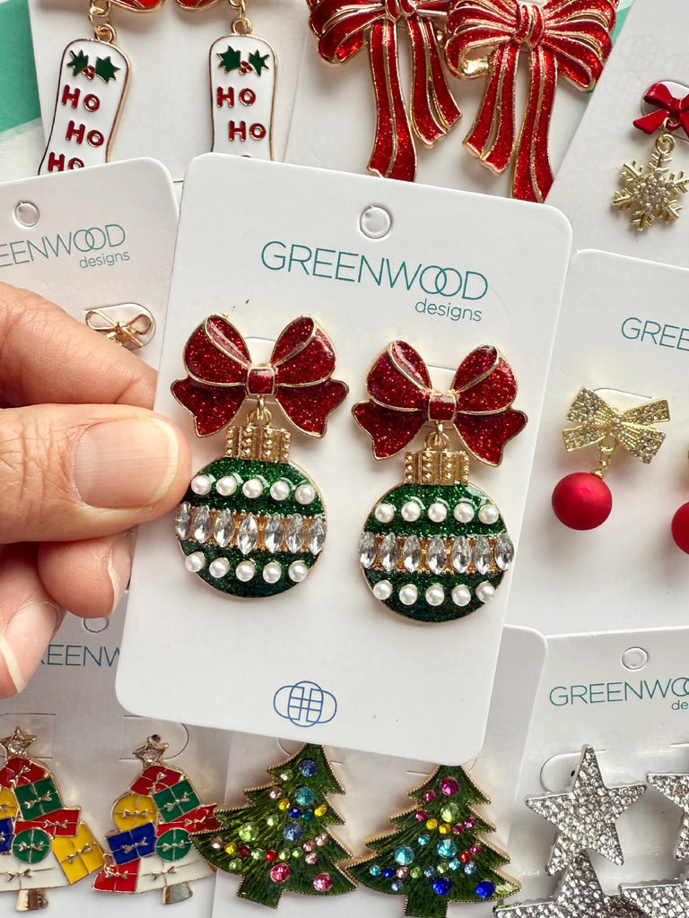 GREENWOOD DESIGNS BAUBLE & BOW CHRISTMAS EARRINGS IN RED, GREEN & GOLD