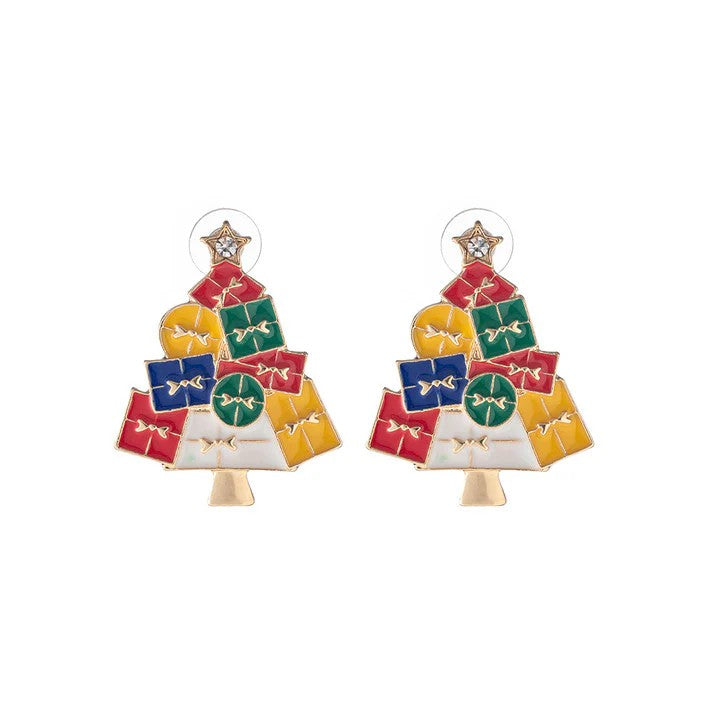 GREENWOOD DESIGNS PRESENT TREE CHRISTMAS EARRINGS IN RED, YELLOW, GREEN & BLUE