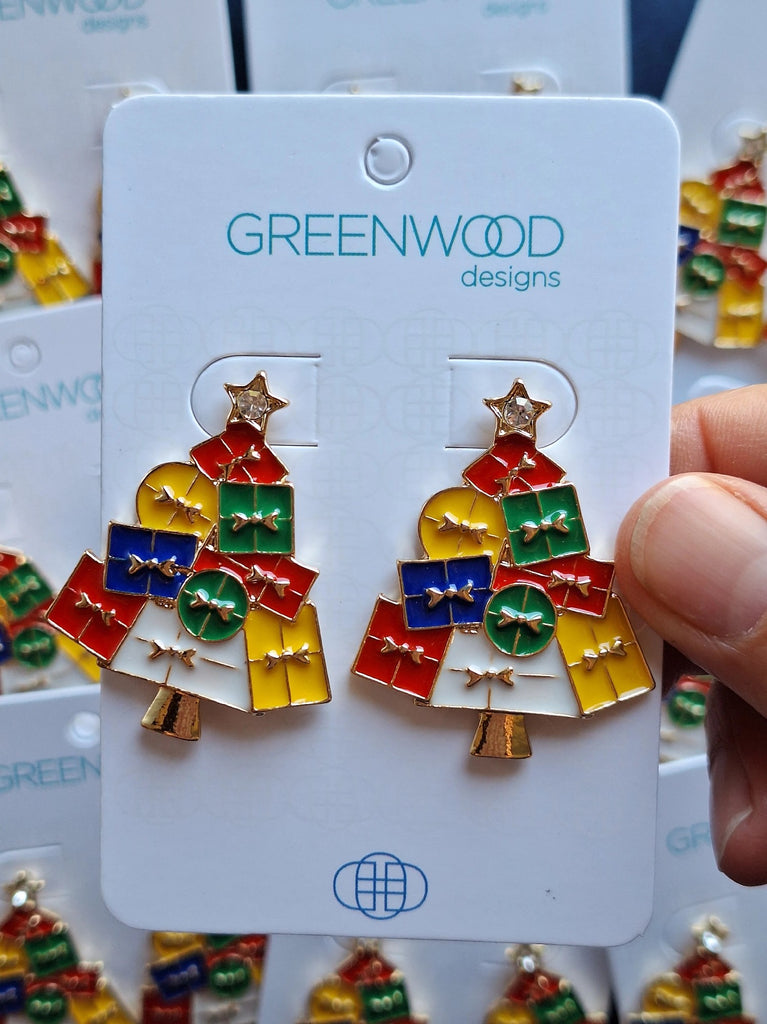 GREENWOOD DESIGNS PRESENT TREE CHRISTMAS EARRINGS IN RED, YELLOW, GREEN & BLUE