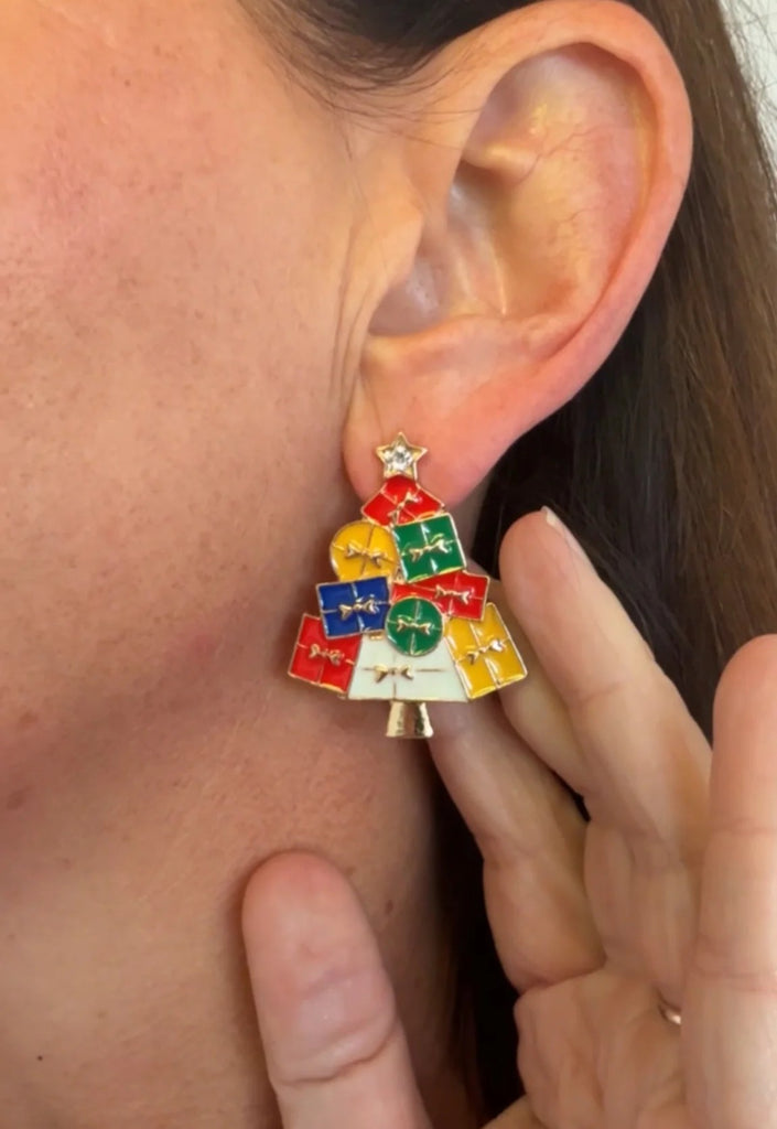 GREENWOOD DESIGNS PRESENT TREE CHRISTMAS EARRINGS IN RED, YELLOW, GREEN & BLUE