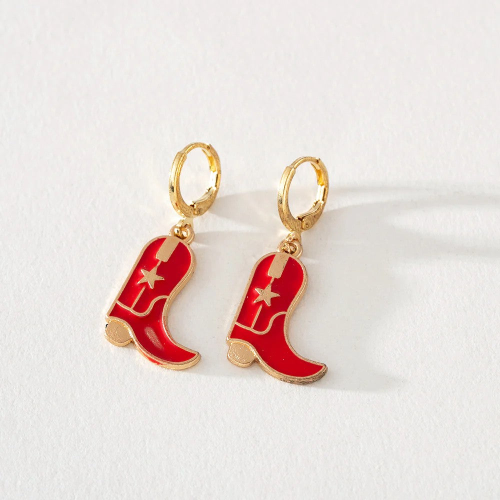 GREENWOOD DESIGNS GRACE RED ENAMEL COWBOY BOOT DANGLE EARRINGS