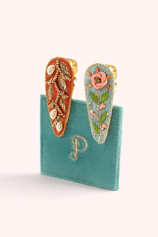 POWDER HAIR CLIPS - ICE FLOWERS & TANGERINE LEAVES