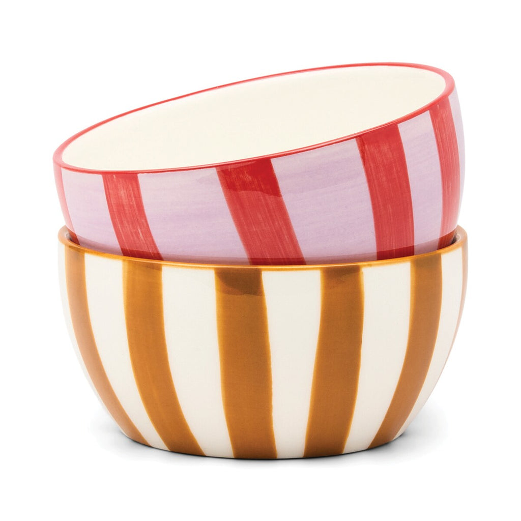 HERE'S HOW THE BELLA SET OF 2 DIPPING BOWLS - LILAC, RUST & OCHRE