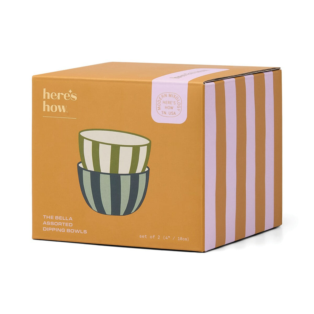 HERE'S HOW THE BELLA SET OF 2 DIPPING BOWLS - GREEN & BLUE STRIPE