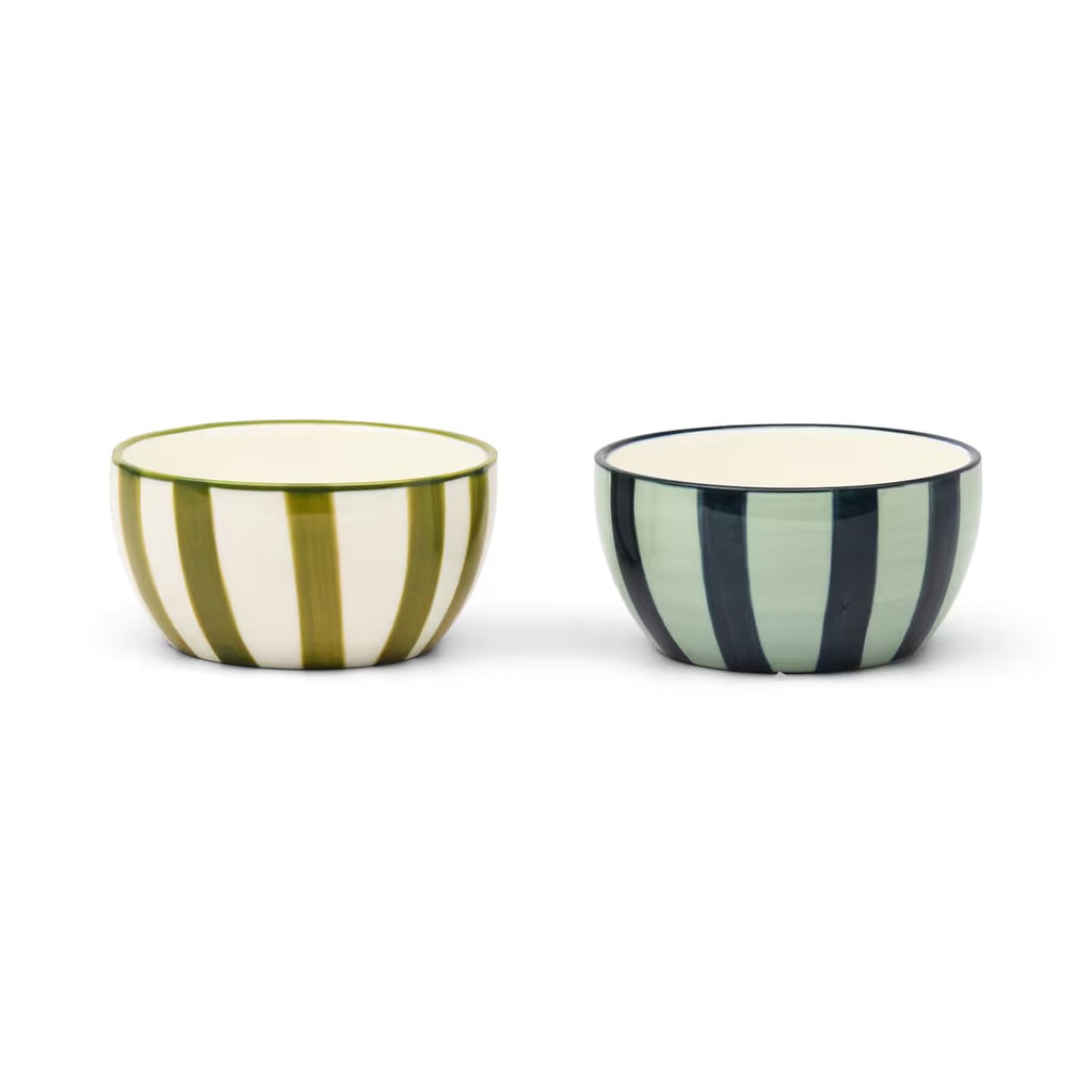 HERE'S HOW THE BELLA SET OF 2 DIPPING BOWLS - GREEN & BLUE STRIPE