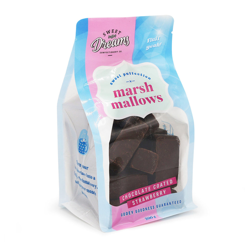 SWEET DREAMS CONFECTIONERY CO. MARSHMALLOW POUCH - CHOCOLATE COATED STRAWBERRY 200g