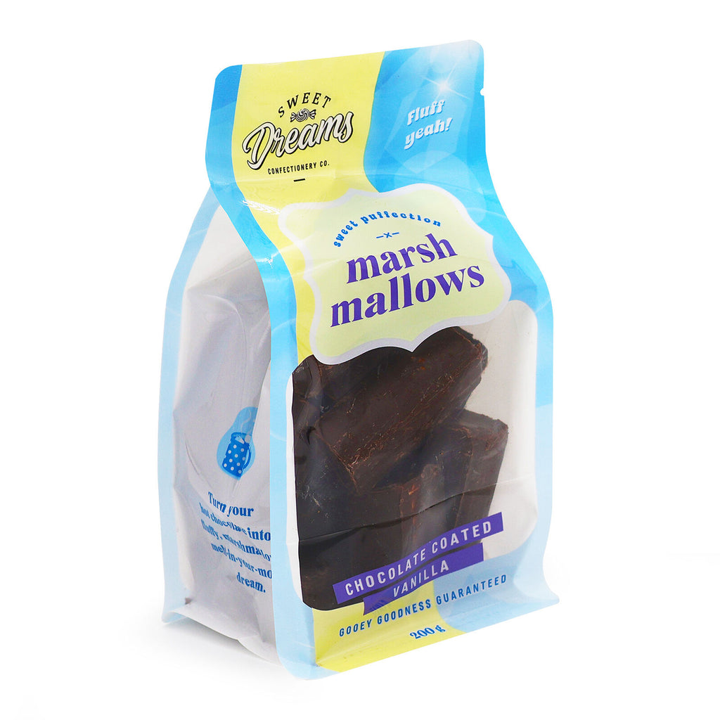 SWEET DREAMS CONFECTIONERY CO. MARSHMALLOW POUCH - CHOCOLATE COATED VANILLA 200g
