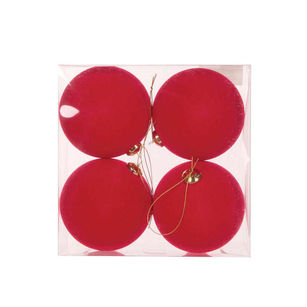 HOLLY & IVY 4pk RED FLOCKED BAUBLES